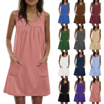 Женское повседневное и модное платье без рукавов с круглым вырезом и однотонным карманом L чёрный