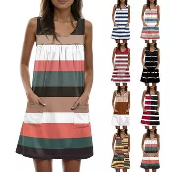 Женское повседневное и модное платье без рукавов с круглым вырезом и карманом с принтом L чёрный