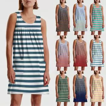 Женское повседневное и модное платье без рукавов с круглым вырезом и карманом с принтом M коричневый