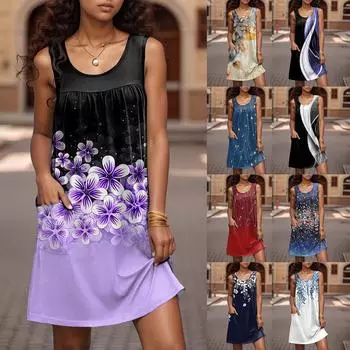 Женское повседневное и модное платье без рукавов с круглым вырезом и карманом с принтом S