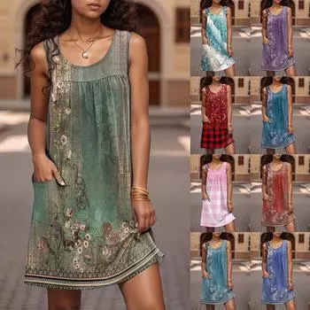 Женское повседневное и модное платье без рукавов с круглым вырезом и карманом с принтом M