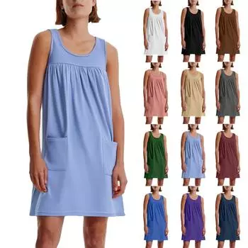 Женское повседневное и модное платье без рукавов с круглым вырезом и однотонным карманом S