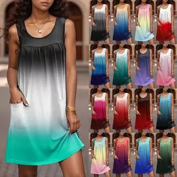 Женское повседневное и модное платье без рукавов с круглым вырезом и карманом с принтом M синий