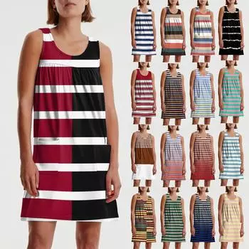 Женское повседневное и модное платье без рукавов с круглым вырезом и карманом с принтом L коричневый