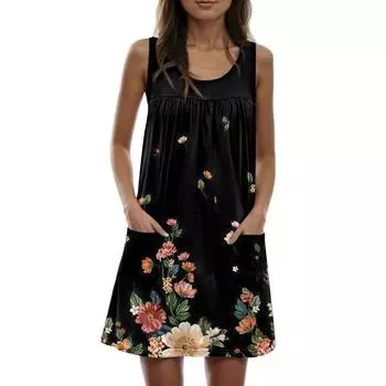 Женское повседневное и модное платье без рукавов с круглым вырезом и карманом с принтом S