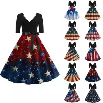 Женское повседневное и модное платье Independent Day с принтом, V-образным вырезом и поясом на талии с семью точками L синий