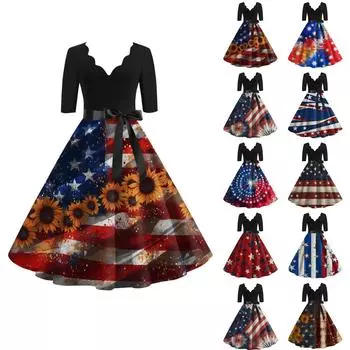 Женское повседневное и модное платье Independent Day с принтом, V-образным вырезом и поясом на талии с семью точками L синий