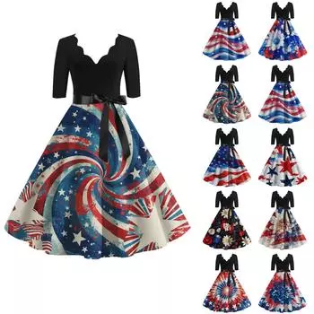 Женское повседневное и модное платье Independent Day с принтом, V-образным вырезом и поясом на талии с семью точками M синий