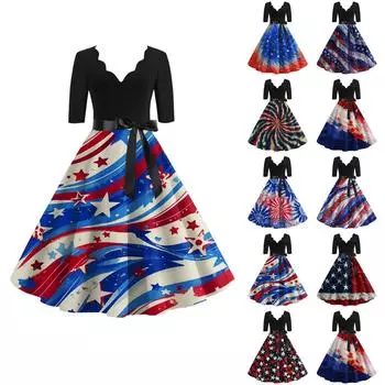 Женское повседневное и модное платье Independent Day с принтом, V-образным вырезом и поясом на талии с семью точками XXL винный