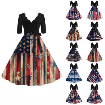 Женское повседневное и модное платье Independent Day с принтом, V-образным вырезом и поясом на талии с семью точками XXL винный