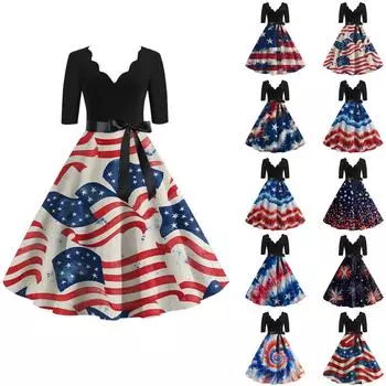 Женское повседневное и модное платье Independent Day с принтом, V-образным вырезом и поясом на талии с семью точками L