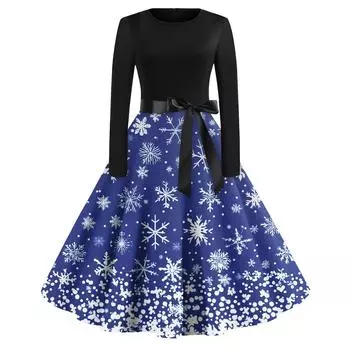 Женское повседневное и модное платье с длинными рукавами и R-образным вырезом с принтом снежинок M синий