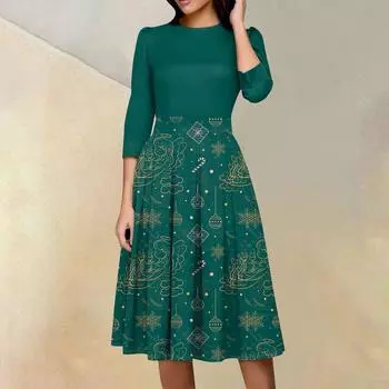 Женское повседневное и модное платье с цветочным принтом, рукавом 3/4, карманом и молнией сзади L темно-зеленого