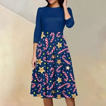 Женское повседневное и модное платье с цветочным принтом, рукавом 3/4, карманом и молнией сзади L темно-синий