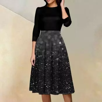 Женское повседневное и модное платье с цветочным принтом, рукавом 3/4, карманом и молнией сзади L чёрный