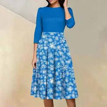 Женское повседневное и модное платье с цветочным принтом, рукавом 3/4, карманом и молнией сзади L синий