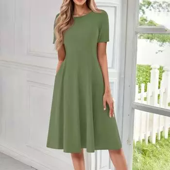 Женское повседневное и модное платье с круглым вырезом и коротким рукавом, однотонное, средней длины L армия зеленый