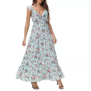Женское повседневное и модное платье с V-образным вырезом, цветочным принтом, комбинезон и длинная юбка L светло-зеленый