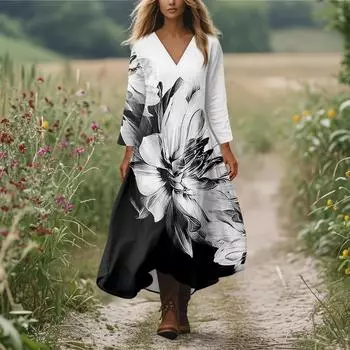 Женское повседневное и модное платье с круглым вырезом и длинными рукавами средней длины L чёрный