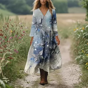 Женское повседневное и модное платье с круглым вырезом и длинными рукавами средней длины S синий