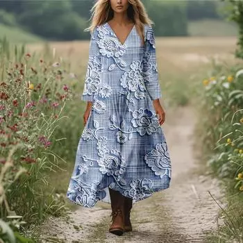 Женское повседневное и модное платье с круглым вырезом и длинными рукавами средней длины XXL синий