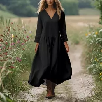 Женское повседневное и модное платье с круглым вырезом и длинными рукавами средней длины M чёрный