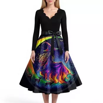 Женское повседневное и модное платье с V-образным вырезом и длинными рукавами с принтом на Хэллоуин XXL