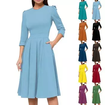 Женское повседневное и модное платье с карманом на рукаве 3/4 и молнией сзади L чёрный