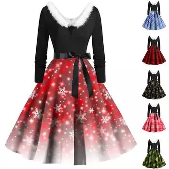 Женское повседневное и модное платье с длинными рукавами и V-образным вырезом с рождественским принтом на молнии L чёрный