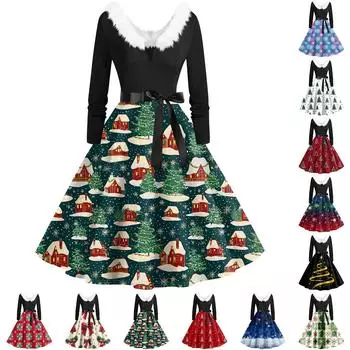 Женское повседневное и модное платье с длинными рукавами и V-образным вырезом с рождественским принтом на молнии L чёрный