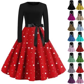 Женское повседневное и модное платье с длинными рукавами и R-образным вырезом в горошек L чёрный