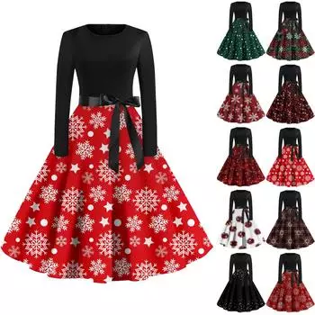 Женское повседневное и модное платье с длинными рукавами и R-образным вырезом с принтом снежинок XXL