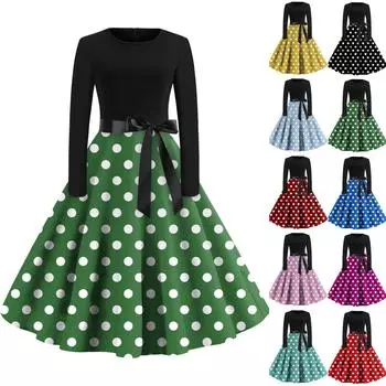 Женское повседневное и модное платье с длинными рукавами и R-образным вырезом в горошек L чёрный