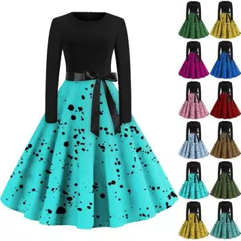 Женское повседневное и модное платье с длинными рукавами и R-образным вырезом в горошек L армия зеленый