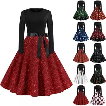 Женское повседневное и модное платье с длинными рукавами и R-образным вырезом с принтом снежинок XXXL красный