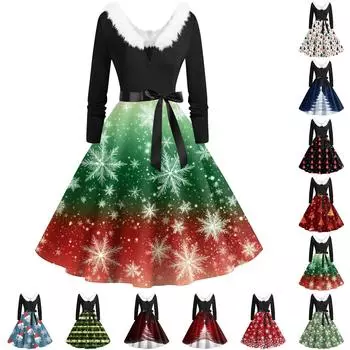 Женское повседневное и модное платье с длинными рукавами и V-образным вырезом с рождественским принтом на молнии M