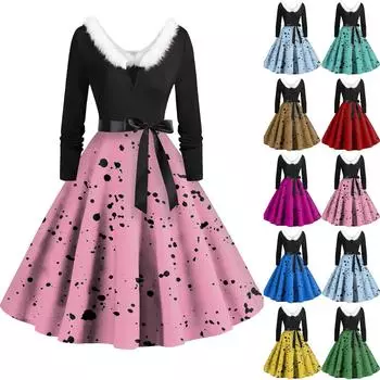 Женское повседневное и модное платье с длинными рукавами, V-образным вырезом и принтом в горошек, застегивающееся на молнию L синий