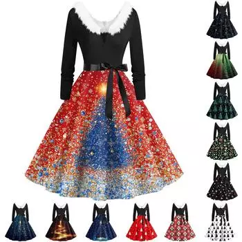 Женское повседневное и модное платье с длинными рукавами и V-образным вырезом с рождественским принтом на молнии XXL тёмно-синий