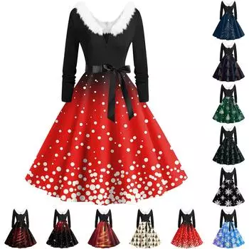 Женское повседневное и модное платье с длинными рукавами и V-образным вырезом с рождественским принтом на молнии L