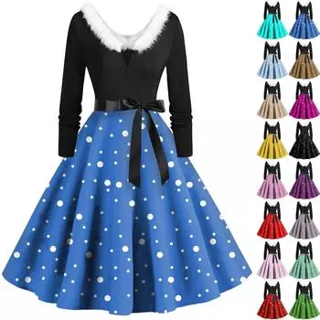 Женское повседневное и модное платье с длинными рукавами, V-образным вырезом и принтом в горошек, застегивающееся на молнию L чёрный