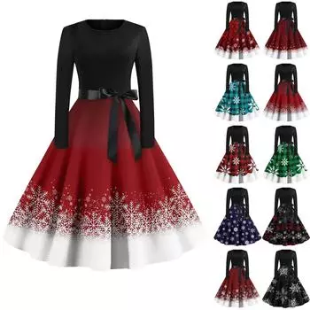 Женское повседневное и модное платье с длинными рукавами и R-образным вырезом с принтом снежинок XL