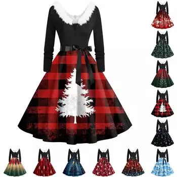 Женское повседневное и модное платье с длинными рукавами и V-образным вырезом с рождественским принтом на молнии XXXXXL зелёный