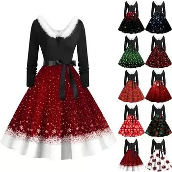 Женское повседневное и модное платье с длинными рукавами и V-образным вырезом с рождественским принтом на молнии XL чёрный