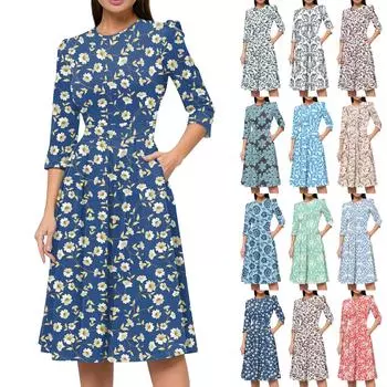 Женское повседневное и модное платье с цветочным принтом, рукавом 3/4, карманом и молнией сзади M