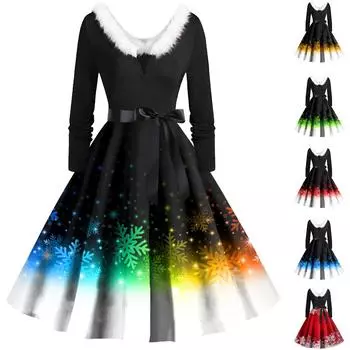 Женское повседневное и модное платье с длинными рукавами и V-образным вырезом с рождественским принтом на молнии S синий