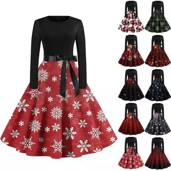 Женское повседневное и модное платье с длинными рукавами и R-образным вырезом с принтом снежинок S