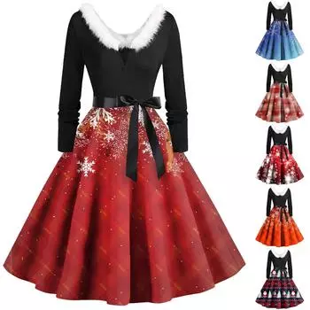 Женское повседневное и модное платье с длинными рукавами и V-образным вырезом с рождественским принтом на молнии L винный