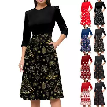 Женское повседневное и модное платье с цветочным принтом, рукавом 3/4, карманом и молнией сзади L темно-синий