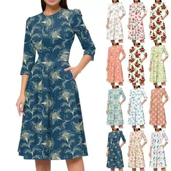 Женское повседневное и модное платье с цветочным принтом, рукавом 3/4, карманом и молнией сзади L синий