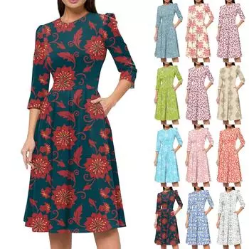 Женское повседневное и модное платье с цветочным принтом, рукавом 3/4, карманом и молнией сзади L